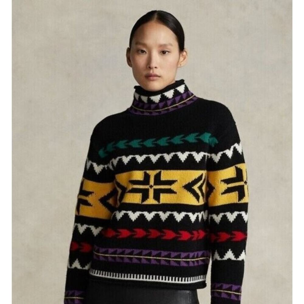 POLO RALPH LAUREN Sz S Small Geo Motif Rolled Neck Pullover Sweater Wool Cashmer